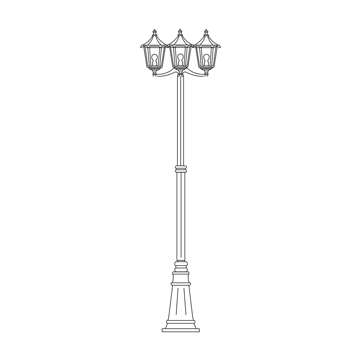 Astragal cast aluminium outdoor lamp post, 249cm, with 3 glazed lantern heads atop a tall fluted column on a swelling cast plinth base, line illustration on white background.