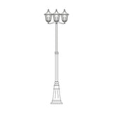 Astragal cast aluminium outdoor lamp post, 249cm, with 3 glazed lantern heads atop a tall fluted column on a swelling cast plinth base, line illustration on white background.