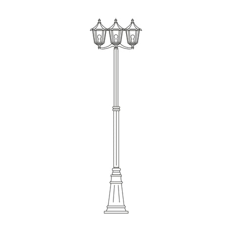 Astragal cast aluminium outdoor lamp post, 249cm, with 3 glazed lantern heads atop a tall fluted column on a swelling cast plinth base, line illustration on white background.