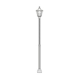 Astragal outdoor lamp post line drawing showing a tall fluted column with base plate and a glazed hexagonal lantern top, single E27 light, on a plain white background.