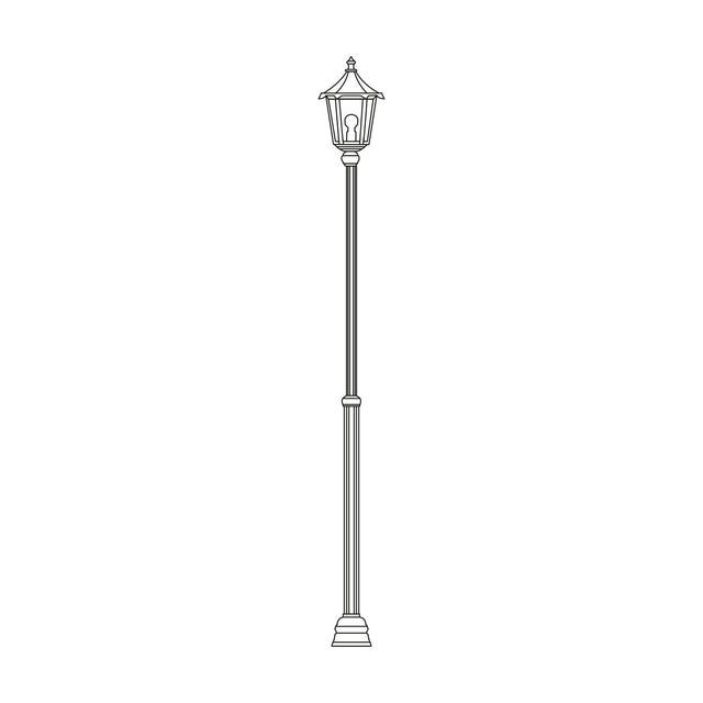 Astragal outdoor lamp post line drawing showing a tall fluted column with base plate and a glazed hexagonal lantern top, single E27 light, on a plain white background.