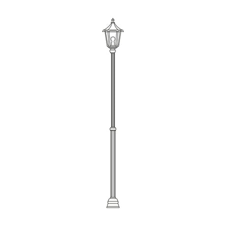 Line drawing of the Astragal cast aluminium outdoor lamp post, a tall adjustable column (144-228cm) topped with a hexagonal glazed lantern, shown on a plain white background.