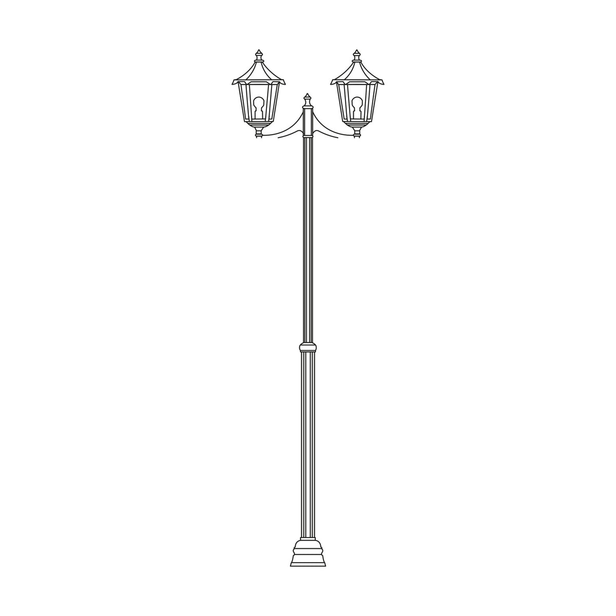 Astragal outdoor lamp post in black cast aluminium with glazed glass lanterns, featuring 2 hexagonal top lights on a tall adjustable column, shown on a plain white background.
