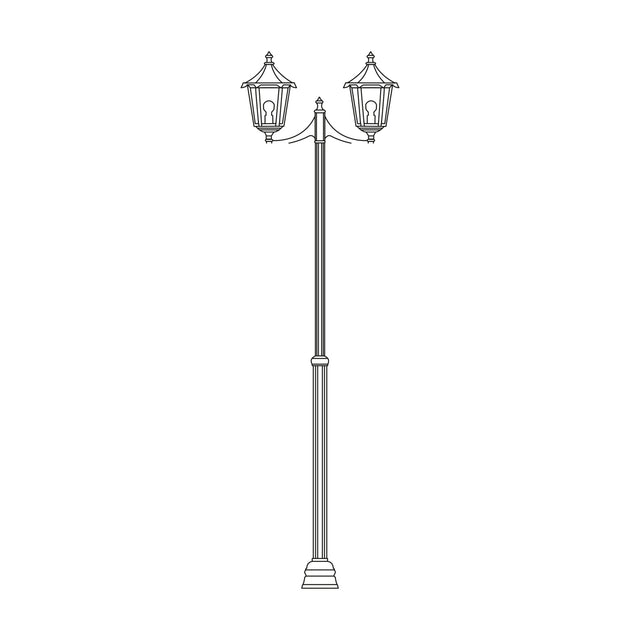 Astragal outdoor lamp post in black cast aluminium with glazed glass lanterns, featuring 2 hexagonal top lights on a tall adjustable column, shown on a plain white background.