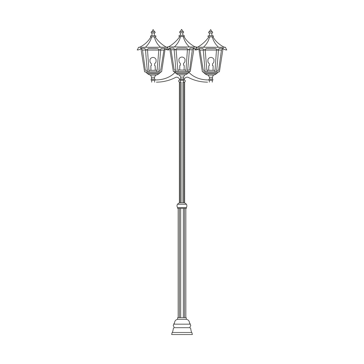 Astragal outdoor lamp post in black with a copper top, featuring a tall ribbed column and three glazed lantern heads on curved arms, shown on a plain white background.