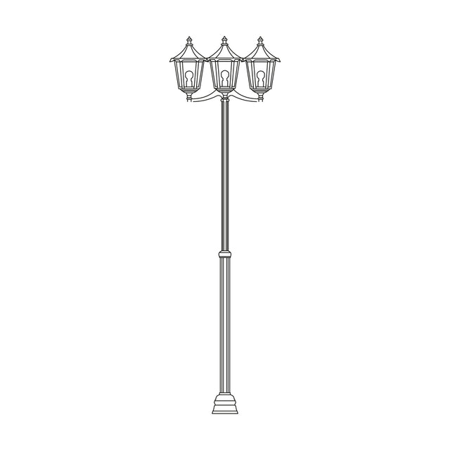 Astragal outdoor lamp post in black with a copper top, featuring a tall ribbed column and three glazed lantern heads on curved arms, shown on a plain white background.