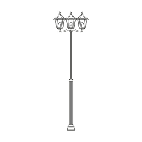 Astragal cast aluminium outdoor lamp post with a fluted column on a stepped base, topped by three glazed lantern heads, shown in black line-drawing style on white.