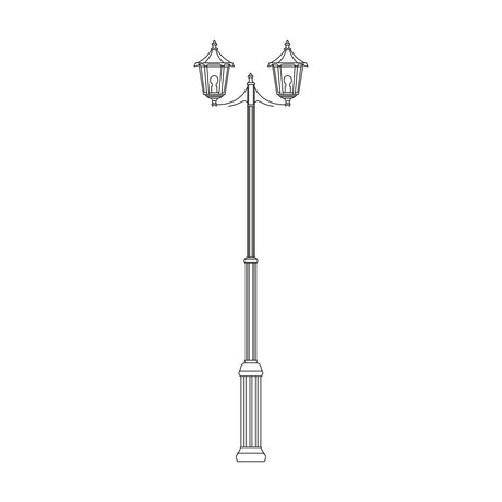 Astragal cast aluminium outdoor lamp post, 180-245cm fluted column with two glazed lantern heads, black finish, line drawing on a plain white background.