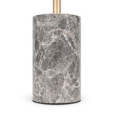 The Kyoto LED Table Lamp combines a textured grey marble cylindrical base with white veins and a slender gold rod, accentuated by a gold metal frame, offering a modern and elegant design.