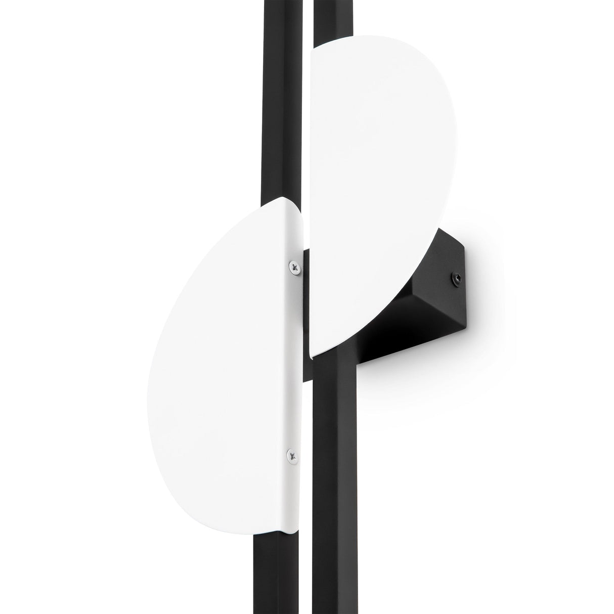 The Skyline-1 LED Wall Light 23W 4000K - Black features a sleek design with two white oval shades on a vertical black rod, connecting to a black rectangular wall mount, showcasing contemporary elegance in every detail.