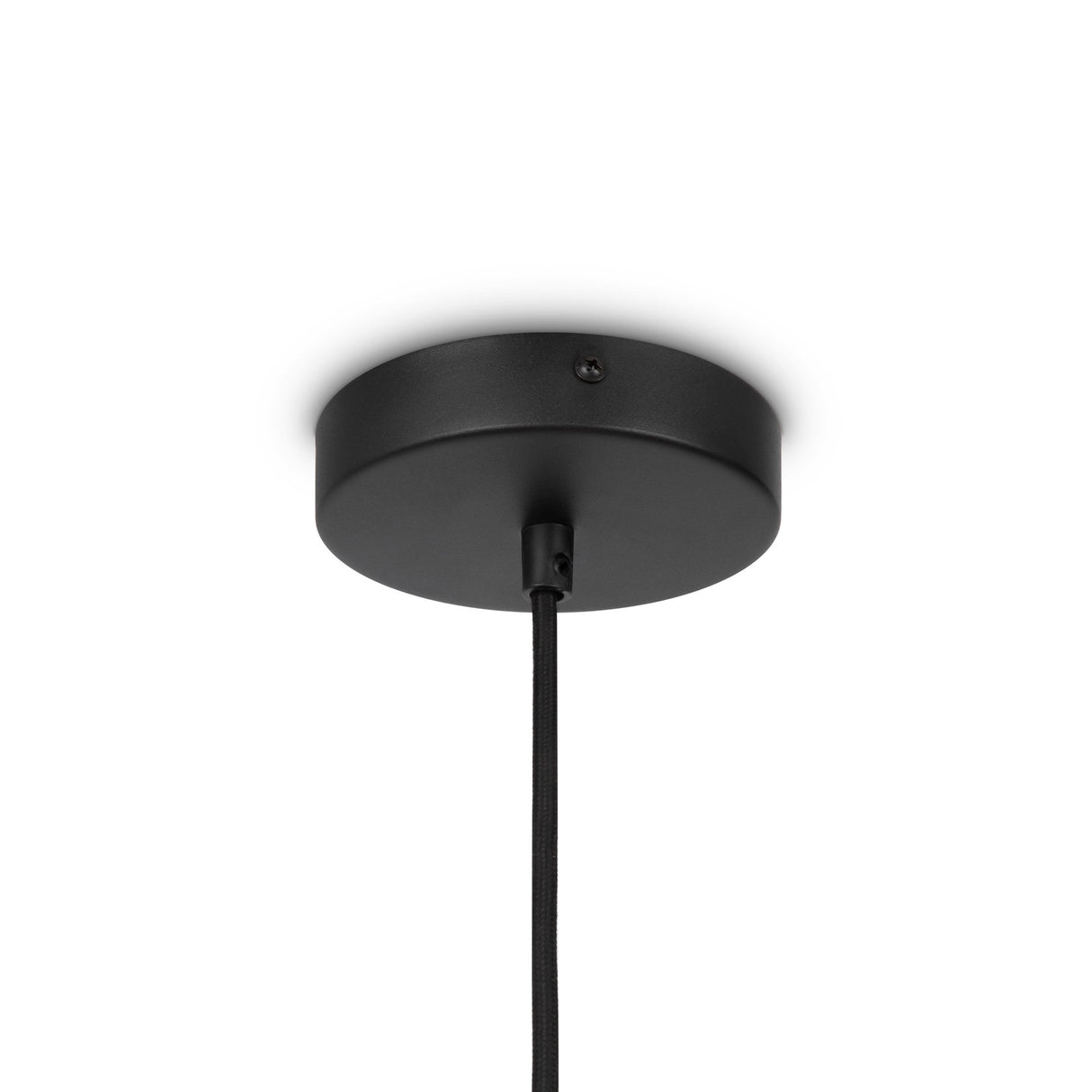 Part of the Modern Nature collection, the 50cm Roots Pendant Light - Black & Natural Wood Sphere Rings features a black pendant with a circular canopy mounted to the ceiling. A sleek cord descends elegantly from its center, enhanced by minimalistic wood sphere rings for added elegance.