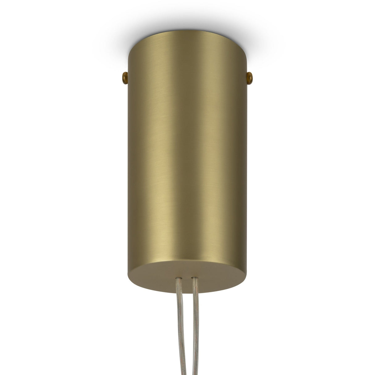 The Maya LED Glass Pendant Light - Gold features a cylindrical brushed gold finish with a textured transparent glass shade. Two wires extend from the bottom, and it’s flush-mounted on a white ceiling.