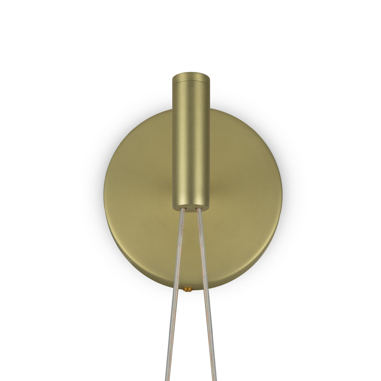 The Maya LED Wall Light in gold with clear glass features a minimalist design with a circular base and cylindrical body, enhanced by two cords draping downward, set against a plain white background. This energy-efficient sconce brings elegance and modernity to any space.