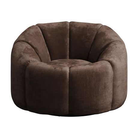 Nao Accent Chair in treacle brown velvet chenille, rounded barrel shape with channelled sides and swivel base, shown on a plain white background.