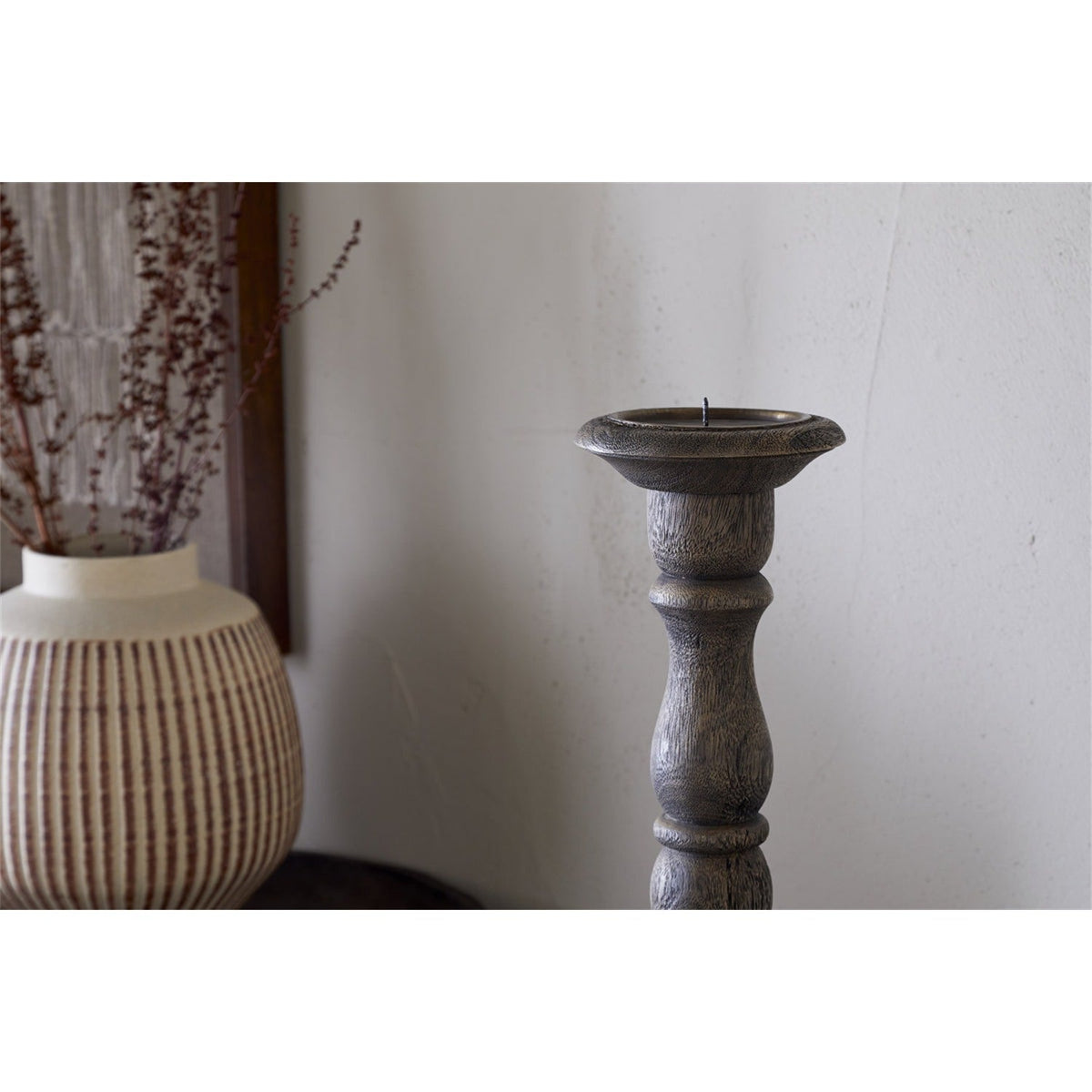 Nayati Large Mango Wood Pillar Candlestick - Dark Stain
