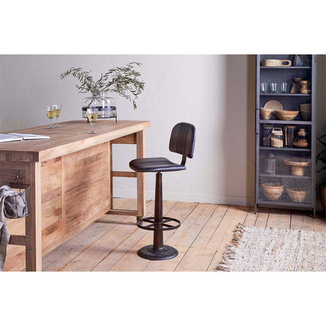Narwana Ribbed Leather Bar Stool - Aged Black