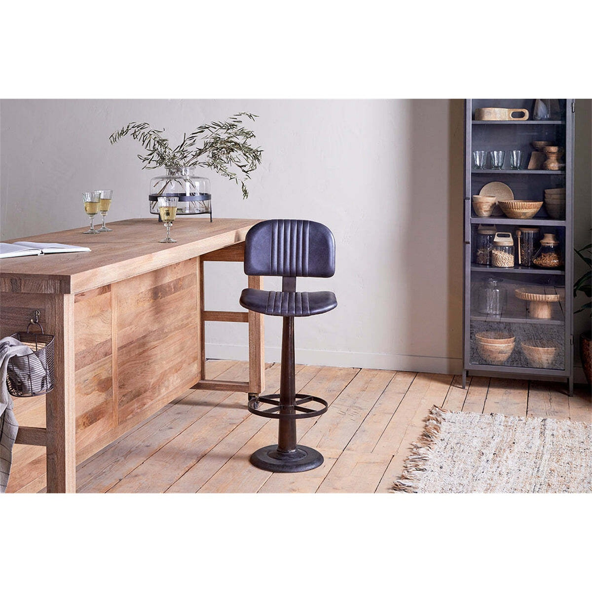 Narwana Ribbed Leather Bar Stool - Aged Black