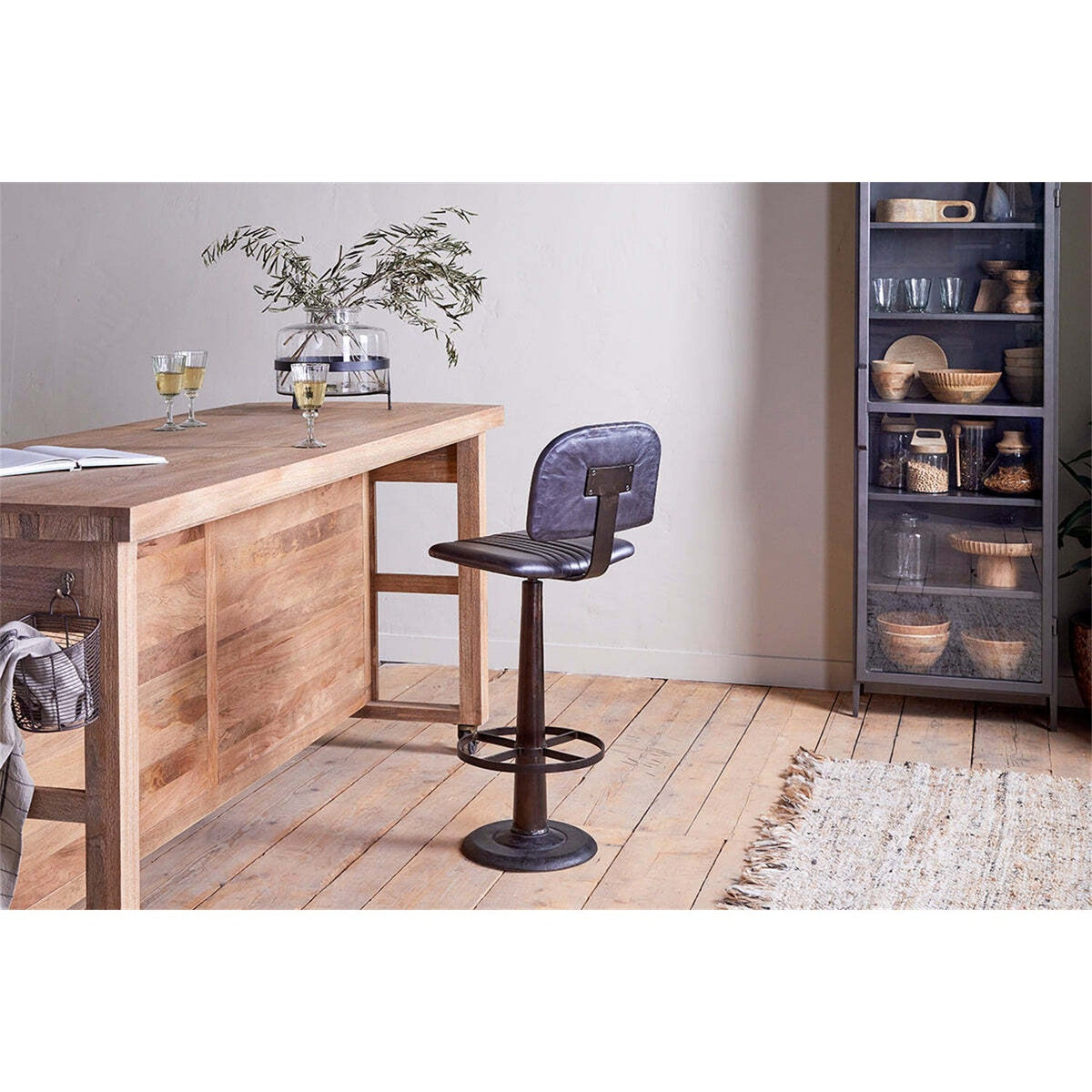 Narwana Ribbed Leather Bar Stool - Aged Black