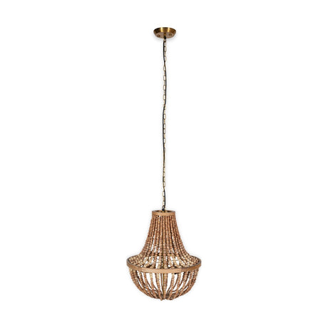 Neela 2 Light Mango Wood Pendant Light in Natural, with wood bead strands flaring from a turned collar over a square frame, hung from a brass chain and ceiling rose on a white background.
