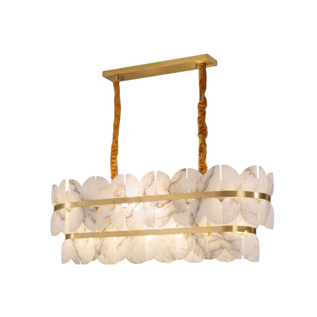 Petraia Linear Alabaster Chandelier in brushed brass with two tiers of sculpted alabaster panels, suspended by twin brass stems from a flat ceiling plate.