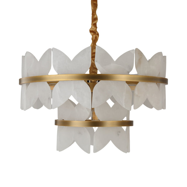 Niori Petraia two-tier chandelier with sculpted white alabaster petals on brushed brass rings, suspended from a gold fabric cable against a white background.