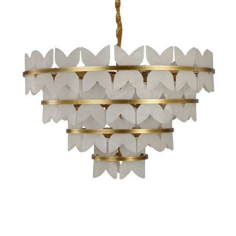 Niori Petraia four-tier chandelier with sculpted white alabaster petals on brushed brass rings, suspended from a rope-wrapped drop on white.