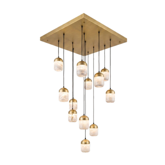 Renzara LED 12 Light Cluster Alabaster Chandelier in brass, square canopy with twelve staggered alabaster capsule pendants on dark cords, shown on a plain white background.