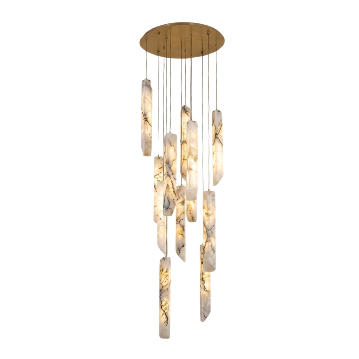 Grenoble LED 13 Light Blade Alabaster Chandelier in brass, with flat alabaster blades suspended at staggered heights from a round brass ceiling canopy on a white background.