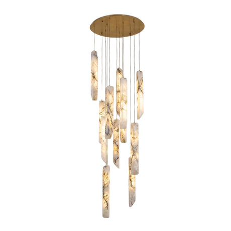 Grenoble LED 13 Light Blade Alabaster Chandelier in brass, with flat alabaster blades suspended at staggered heights from a round brass ceiling canopy on a white background.