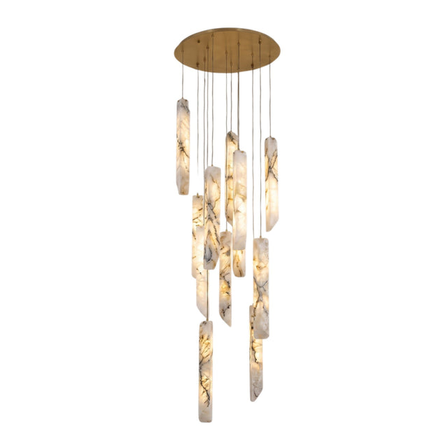Grenoble LED 13 Light Blade Alabaster Chandelier in brass, with flat alabaster blades suspended at staggered heights from a round brass ceiling canopy on a white background.