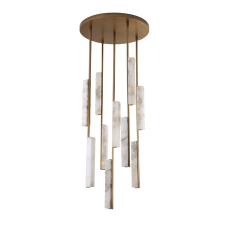 Niori Selvara 10 light cluster chandelier with staggered natural alabaster bars suspended from a round brushed brass canopy on a white background.