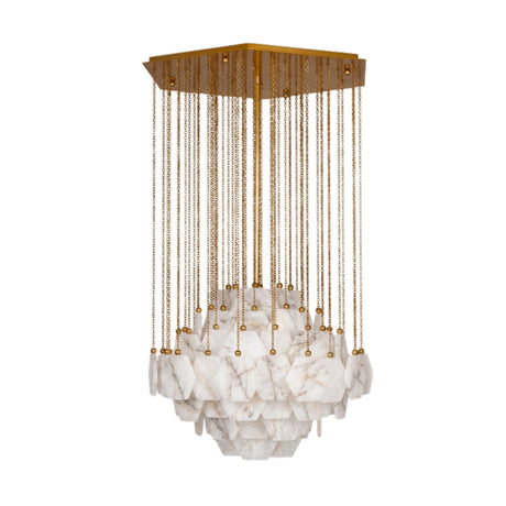 Cascatella LED Tiered Alabaster Chandelier with hexagonal alabaster tiles forming a domed tier, brass chains and square canopy, on a plain white background.