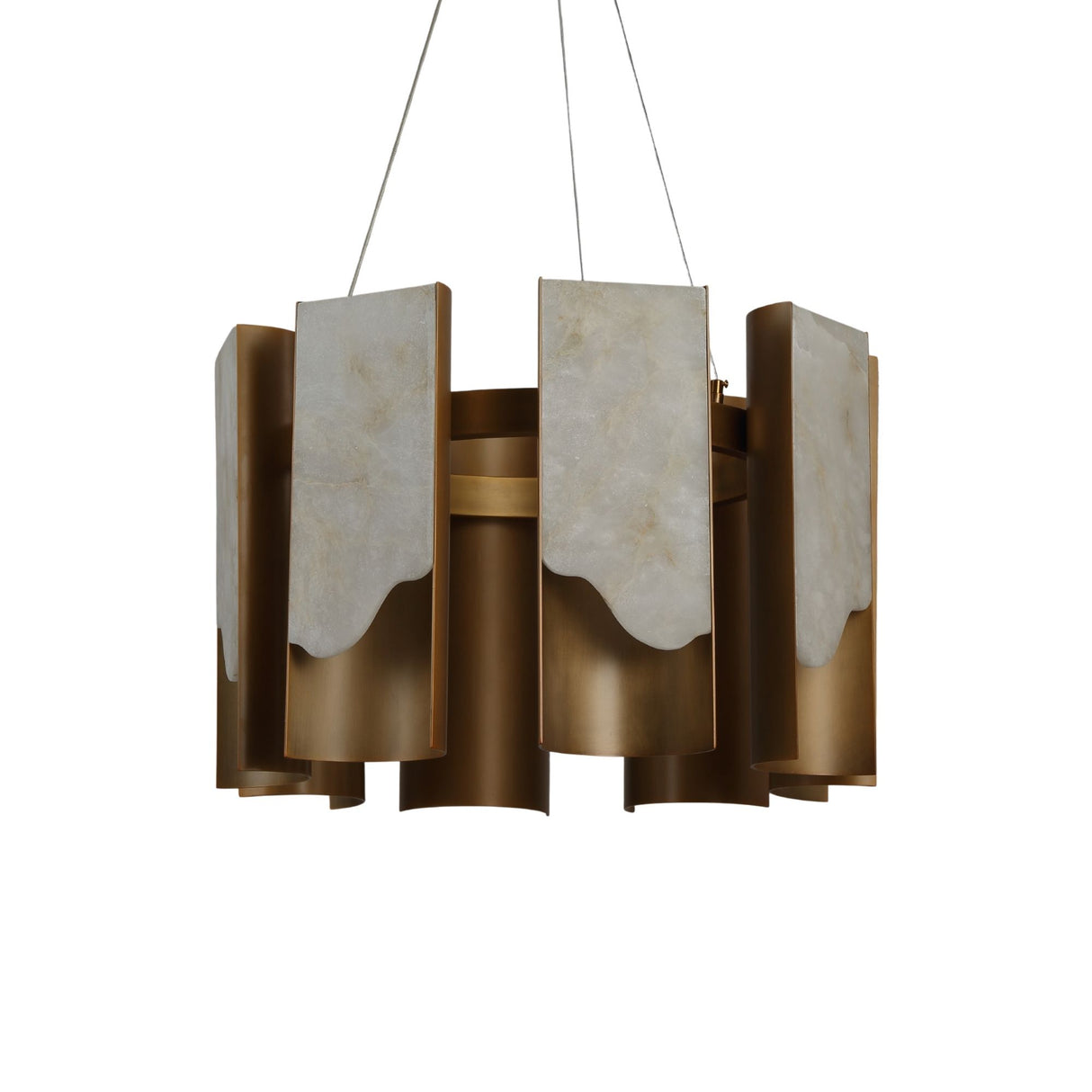 Niori Caelith LED chandelier with alternating alabaster panels and brushed brass fluted columns around a central ring, shown on a white background.