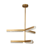 Niori Elvaris LED 2 Tier Radial Alabaster Chandelier in brushed brass with six linear alabaster arms on staggered tiers and slim drop rod, on white.