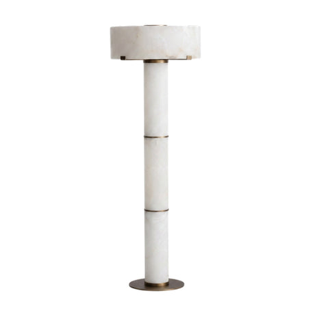 Colonnetta 3-light floor lamp with a three-tiered natural alabaster column, brushed brass collars and base, topped by a wide alabaster drum shade, on a white background.