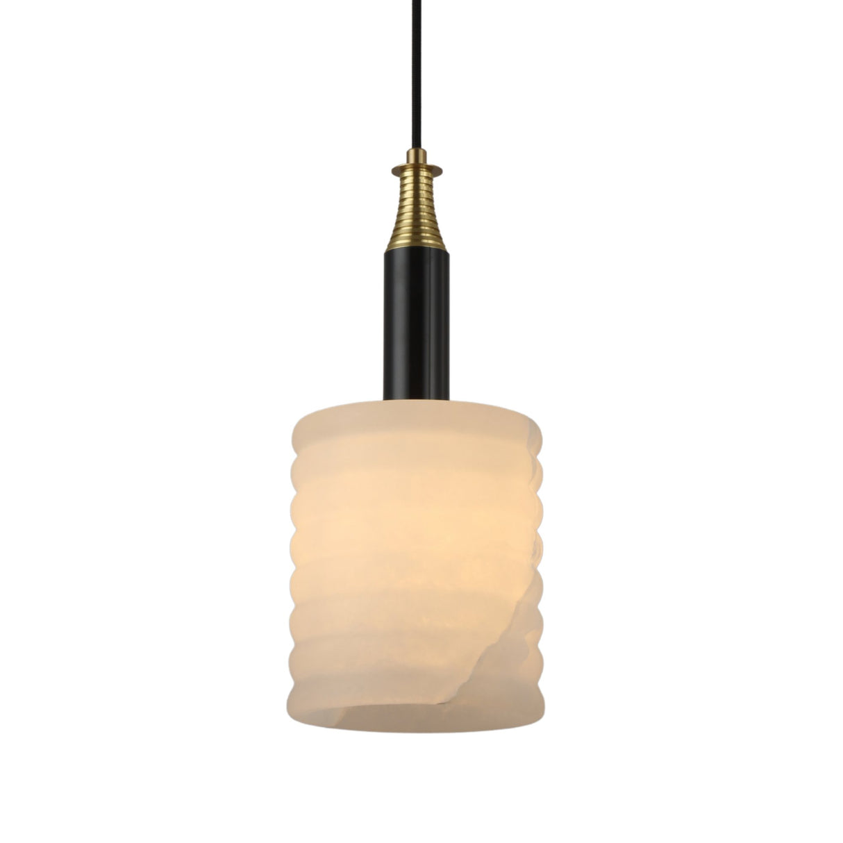 Niori Bellaro pendant light with ridged soft white alabaster cylindrical shade, black stem and brushed brass collar, on a plain white background.