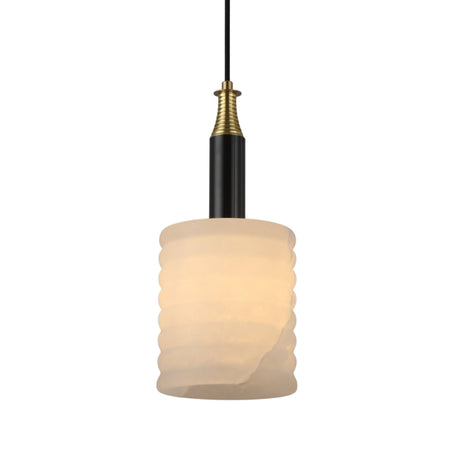 Niori Bellaro pendant light with ridged soft white alabaster cylindrical shade, black stem and brushed brass collar, on a plain white background.