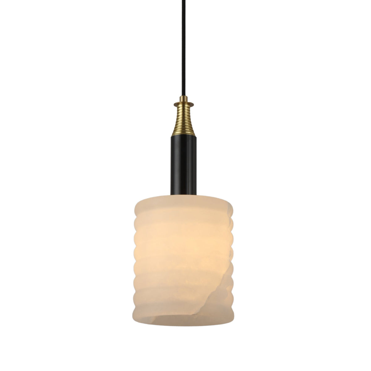 Niori Bellaro small pendant light with a ridged Spanish alabaster column shade, brushed brass vented cap and matt black stem, on a white background.