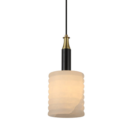 Niori Bellaro small pendant light with a ridged Spanish alabaster column shade, brushed brass vented cap and matt black stem, on a white background.