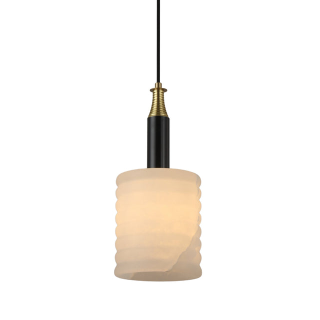 Niori Bellaro small pendant light with a ridged Spanish alabaster column shade, brushed brass vented cap and matt black stem, on a white background.