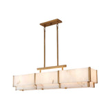 Quadrena Linear Alabaster Chandelier 113cm in Brushed Brass, a rectangular two-tier fixture with stepped alabaster panels and slim brass uprights, shown on a plain white background.