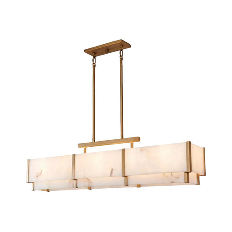 Quadrena Linear Alabaster Chandelier 113cm in Brushed Brass, a rectangular two-tier fixture with stepped alabaster panels and slim brass uprights, shown on a plain white background.