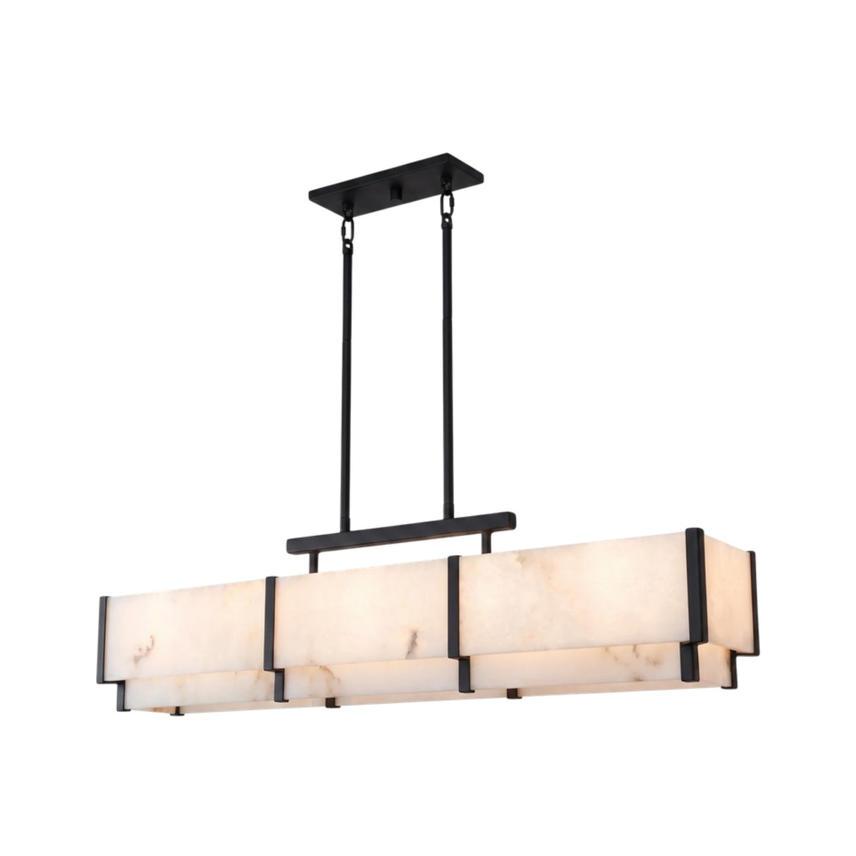 Quadrena Linear Alabaster Chandelier 113cm in Matt Black, a long rectangular pendant with tiered alabaster panels framed by black uprights, shown on a plain white background.