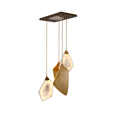 Caelis 4-Light LED Alabaster Cluster Chandelier with faceted alabaster and brushed brass panels on staggered rods and a square canopy.
