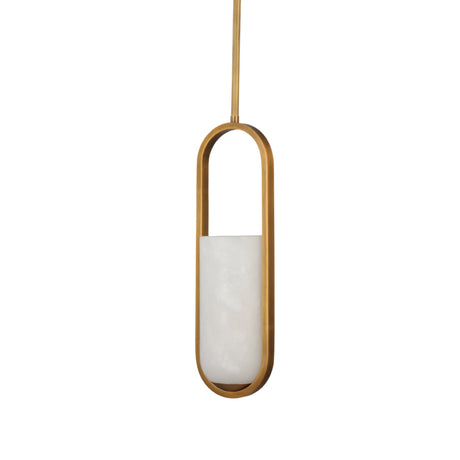 Niori Eliona Capsule Alabaster Pendant Light in brushed brass, featuring a slim white alabaster cylinder suspended within an elongated brass capsule frame.