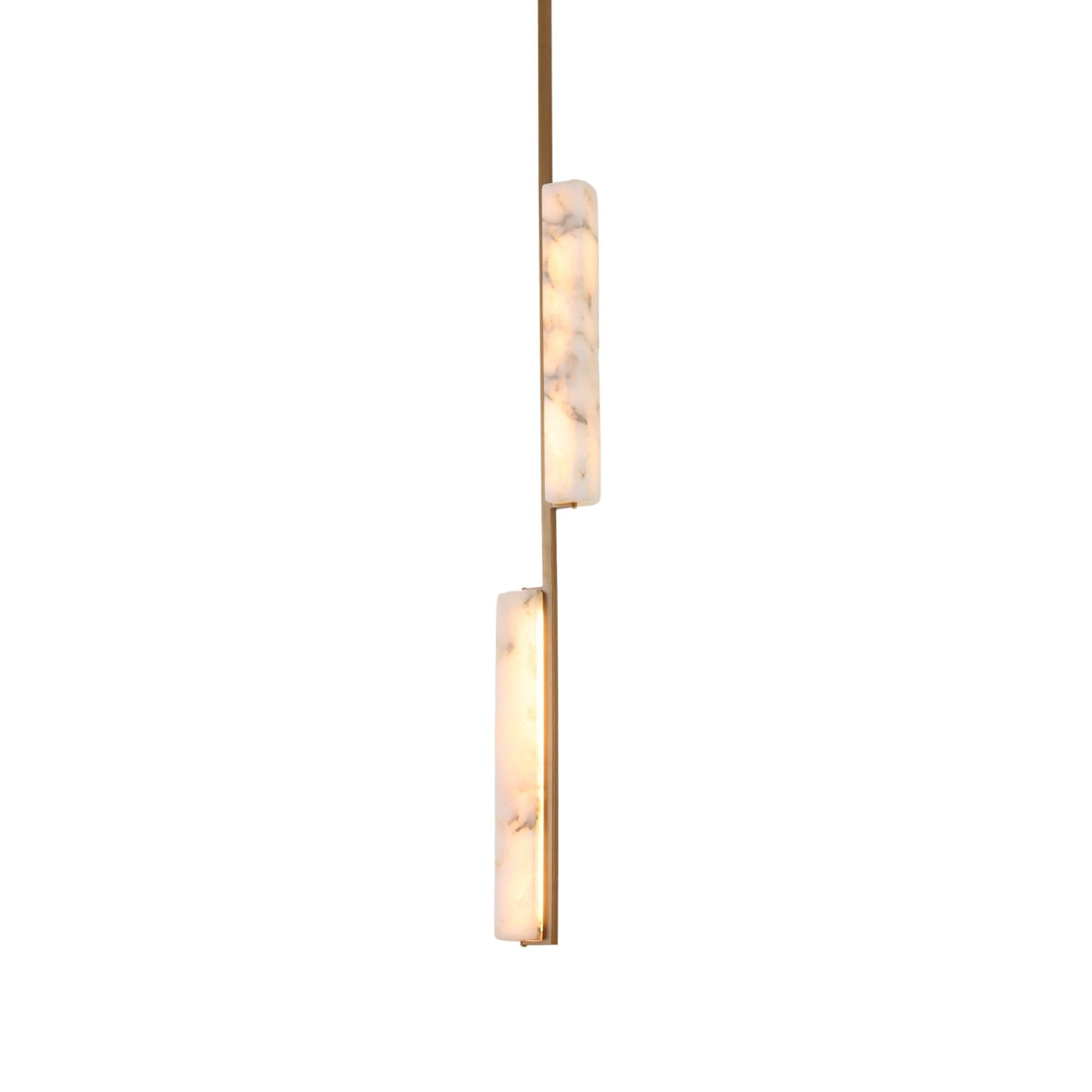 Niori Selvara LED vertical duo pendant light with two staggered alabaster bars on a brushed brass stem, lit warm white against a plain background.