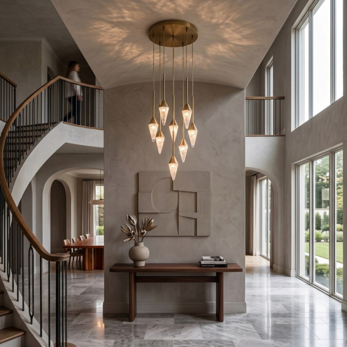 Pinnara LED 9 Light Cone Alabaster Chandelier - Brass