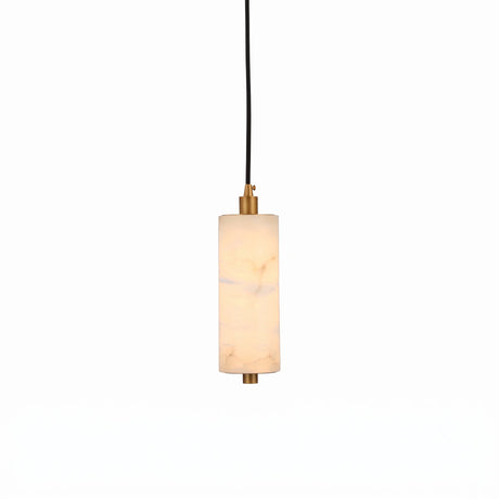 Niori Ardent LED small alabaster column pendant light with brushed brass caps and slim black cable suspension, shown against a plain white background.