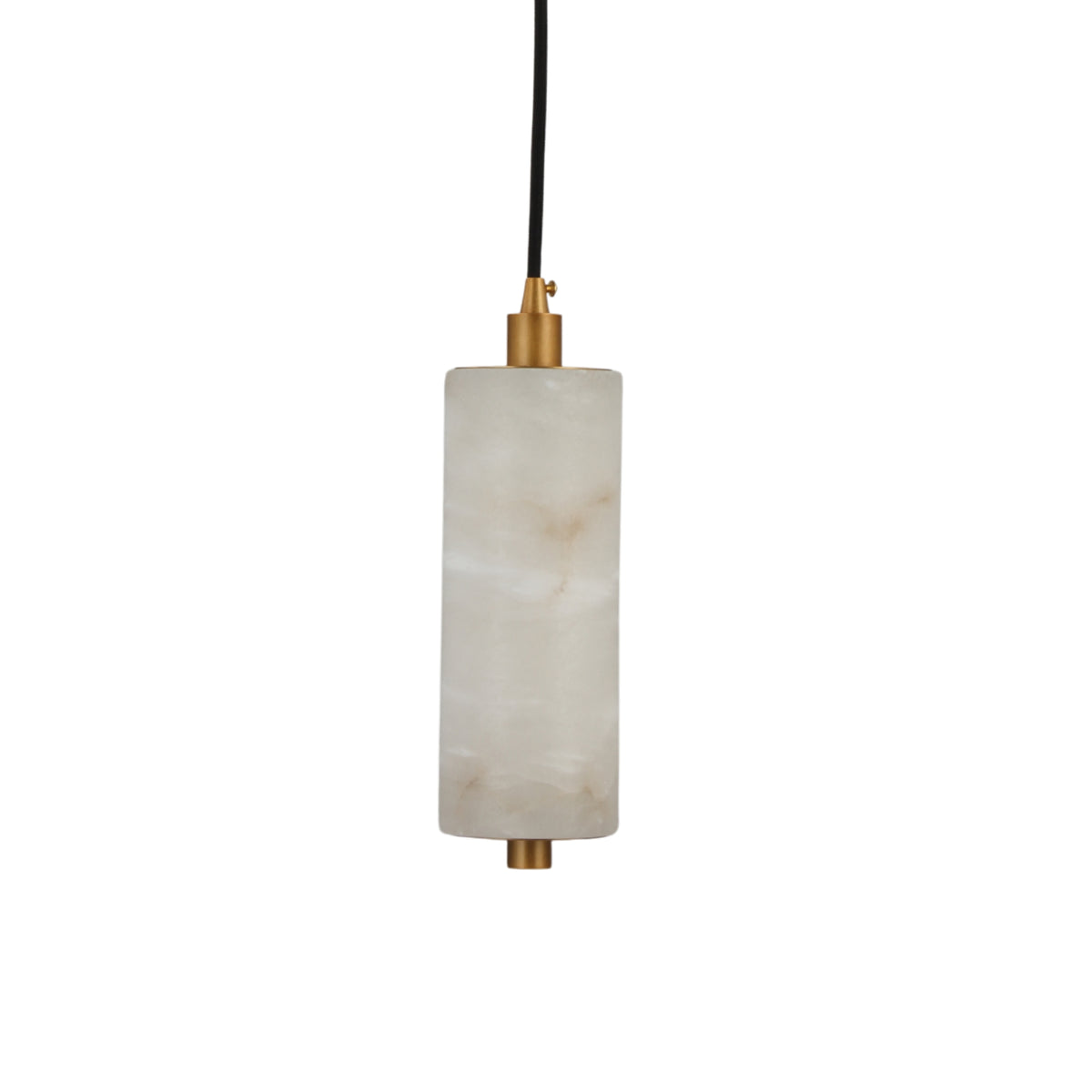Ardent LED pendant light with a cylindrical natural alabaster column, brushed brass end caps, and black suspension cable, shown on a plain white background.
