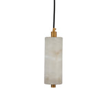 Ardent LED pendant light with a cylindrical natural alabaster column, brushed brass end caps, and black suspension cable, shown on a plain white background.